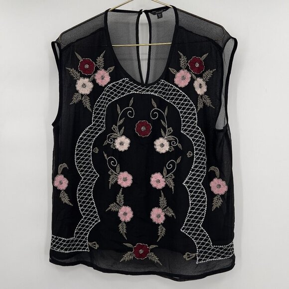 GUESS Embroidered /Embellished Sheer Black/Floral Sleeveless Top Women's XL - Picture 2 of 10